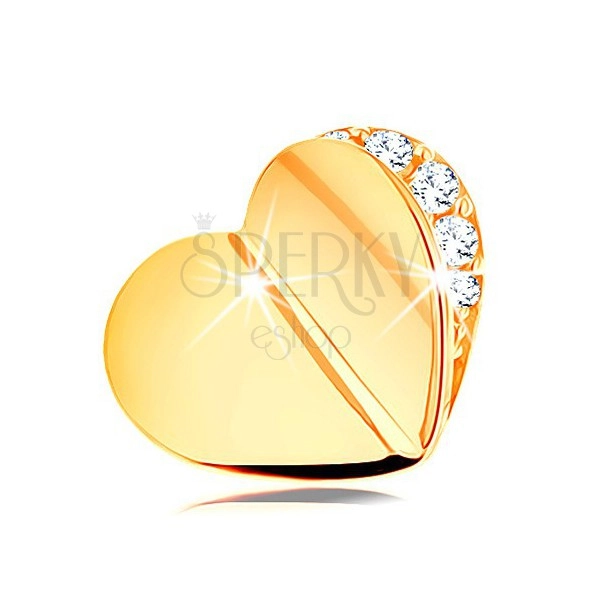 Pandantiv din aur galben de 14K - inimă lucioasă, îndoită, contur transparent din zirconii