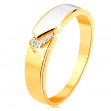 Inel din aur galben de 14K - bandă lucioasă cu email alb, zirconii transparente