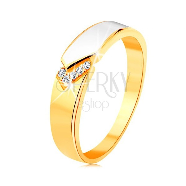 Inel din aur galben de 14K - bandă lucioasă cu email alb, zirconii transparente