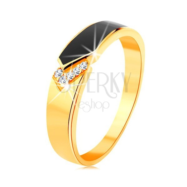 Inel din aur galben de 14K - bandă neagră emailată cu vârf, zirconii transparente