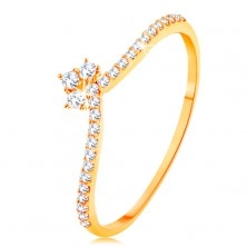 Inel din aur galben de 14K - linii din zirconii transparente pe brațe, coroană strălucitoare