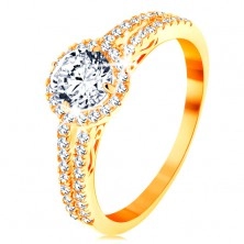 Inel din aur galben de 14K - zirconiu transparent cu margine strălucitoare, brațe decorate