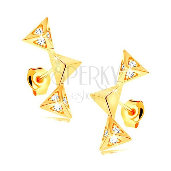 Cercei din aur galben de 14K - trei piramide strălucitoare unite într-o arcadă, zirconii