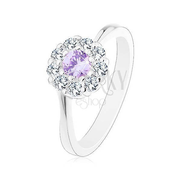 Inel de culoare argintie, floare din zirconiu cu centrul violet