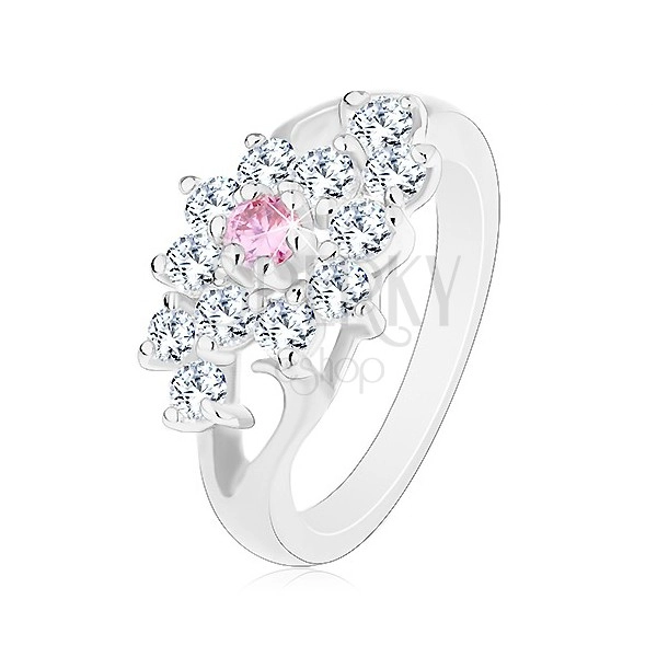 Inel cu brațe lucioase despicate, floare transparentă cu centrul roz