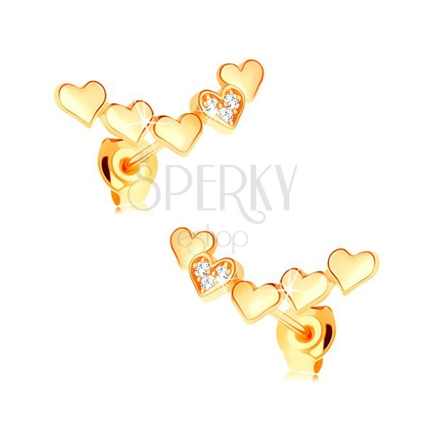 Cercei din aur galben de 14K - arcadă formată din inimi proeminente unite