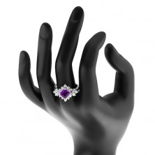 Inel strălucitor, pătrat violet împrejmuit cu zirconii rotunde transparente