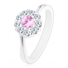 Inel de culoare argintie, floare strălucitoare din zirconiu transparent-roz, brațe lucioase