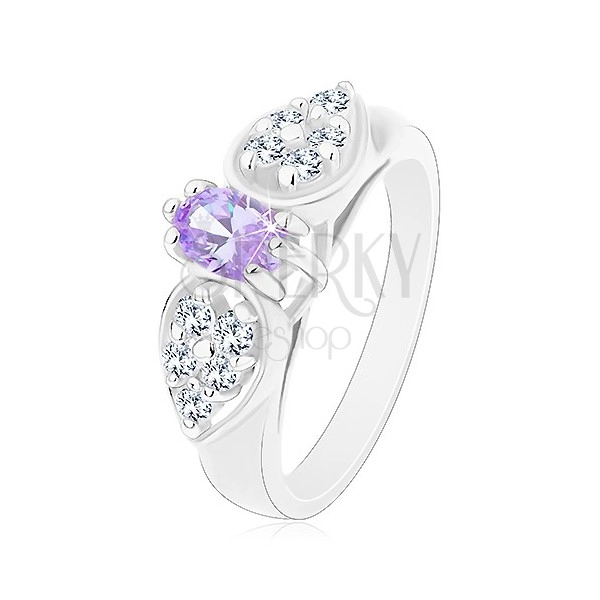 Inel de culoare argintie, fundiţă lucioasă cu zirconiu oval violet deschis