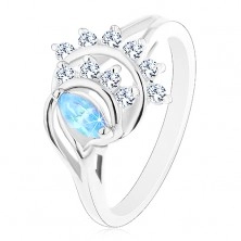 Inel de culoare argintie, formă de bob albastră, arcade din zirconiu transparent