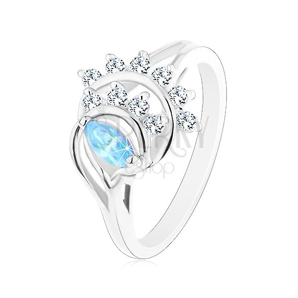 Inel de culoare argintie, formă de bob albastră, arcade din zirconiu transparent