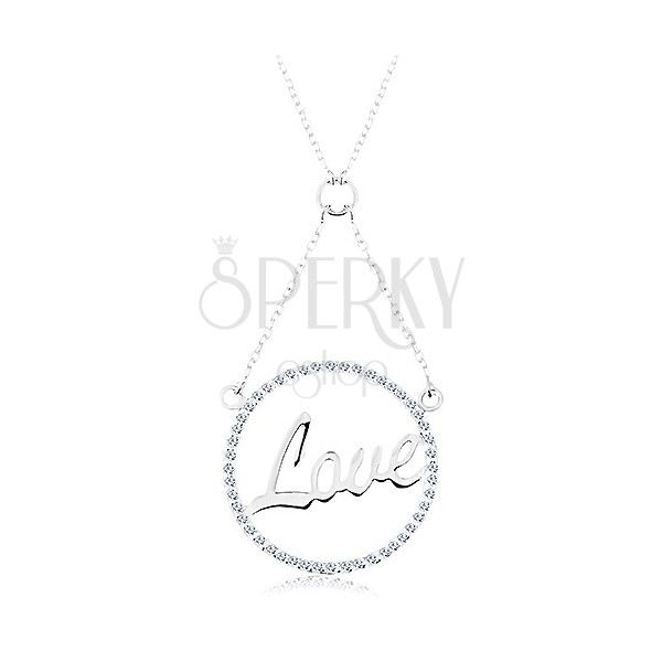 Colier din argint 925, lanț și pandantiv - cerc din zirconiu, cuvântul LOVE