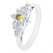 Inel de culoare argintie, floare lucioasă transparentă cu centrul colorat