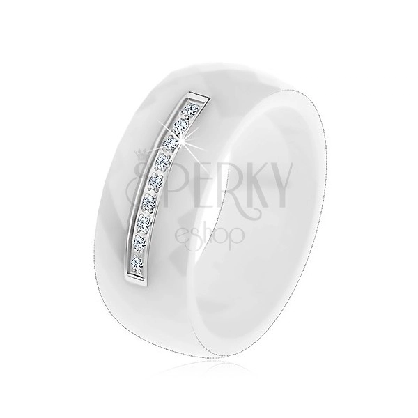Inel realizat din ceramică albă cu suprafaţă lucioasă, linie îngustă din oţel, zirconii