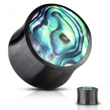 Plug de ureche în formă de șa din material organic negru, cerc realizat din scoică abalone