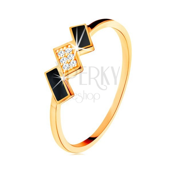Inel din aur 585 - dreptunghiuri oblice decorate cu email negru și zirconii