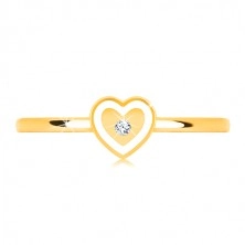 Inel din aur galben de 14K - inimă cu margini albe și zirconiu transparent