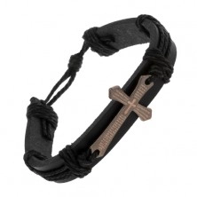 Brăţară realizată din piele sintetică neagră și șnururi, cruce mare lucioasă cu rugăciune