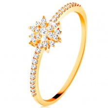 Inel din aur galben de 14K - floare strălucitoare formată din zirconii transparente, brațe lucioase