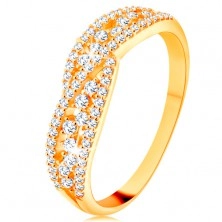 Inel realizat din aur galben de 14K - linii strălucitoare împletite decorate cu zirconii transparente