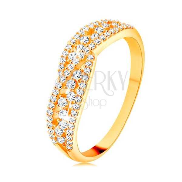 Inel realizat din aur galben de 14K - linii strălucitoare împletite decorate cu zirconii transparente