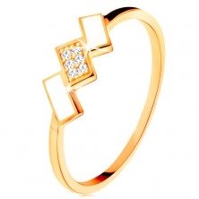 Inel din aur 585 - dreptunghiuri oblice decorate cu email alb și zirconii