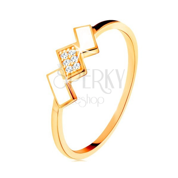 Inel din aur 585 - dreptunghiuri oblice decorate cu email alb și zirconii