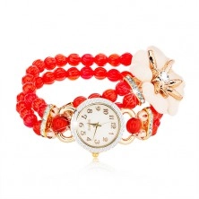 Ceas de mână format din mărgele roşii, ecran cu zirconii, floare albă cu zirconiu