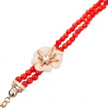 Ceas de mână format din mărgele roşii, ecran cu zirconii, floare albă cu zirconiu