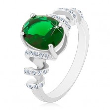 Inel de logodnă placat cu rodiu, argint 925, zirconiu oval verde, spirală strălucitoare