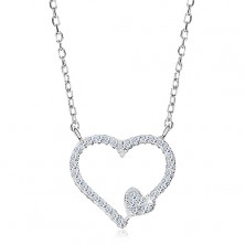 Colier placat cu rodiu, argint 925, contur de inimă din zirconiu și inimă mică