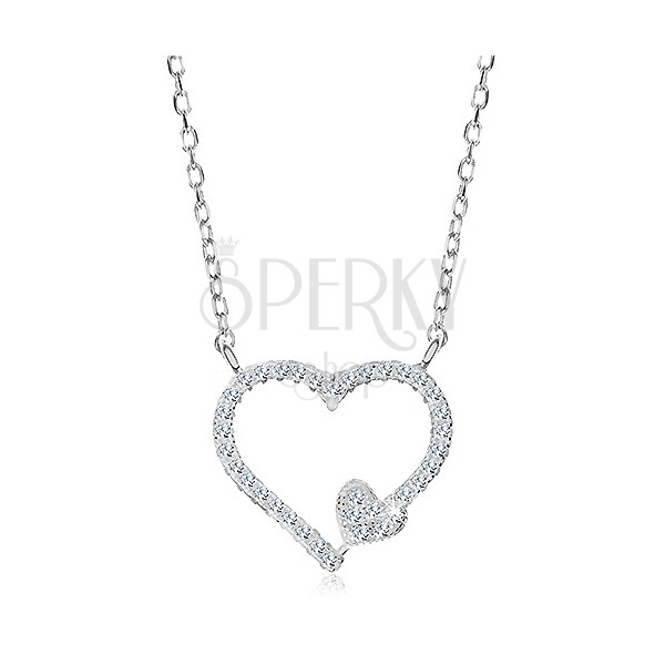Colier placat cu rodiu, argint 925, contur de inimă din zirconiu și inimă mică