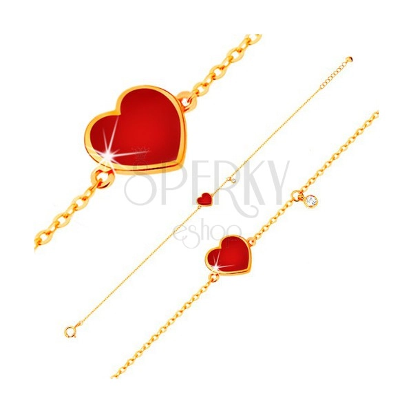 Brățară din aur de 14K - inimă roșie emailată și zirconiu transparent, lanț subțire, 180 mm