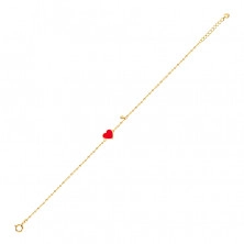 Brățară din aur de 14K - inimă roșie emailată și zirconiu transparent, lanț subțire, 180 mm