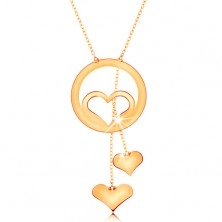 Colier din aur 585 - contur de inimă în cerc și două inimi atârnate pe lanțuri