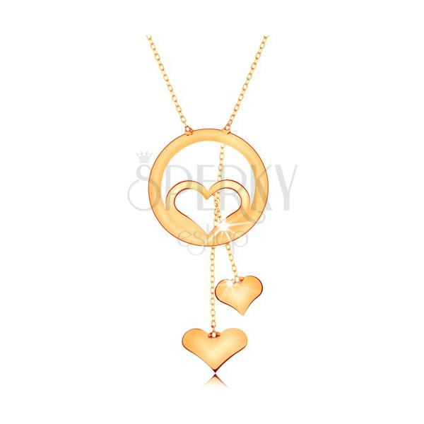 Colier din aur 585 - contur de inimă în cerc și două inimi atârnate pe lanțuri
