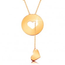 Colier realizat din aur galben de 14K - cerc cu decupaj de inimă și inimă atârnată