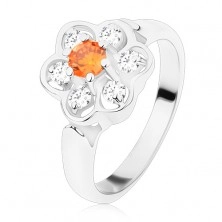 Inel argintiu, floare strălucitoare transparentă cu mijlocul portocaliu