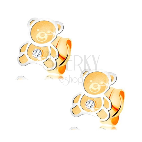 Cercei din aur 585 - ursuleţ bicolor cu suprafață mată, contur lucios