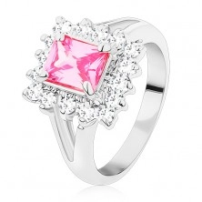 Inel de culoare argintie, dreptunghi mare fațetat de culoare roz, zirconii transparente
