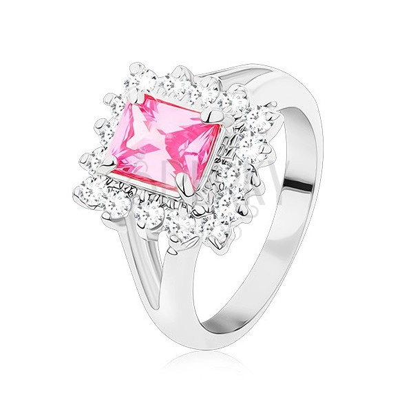 Inel de culoare argintie, dreptunghi mare fațetat de culoare roz, zirconii transparente