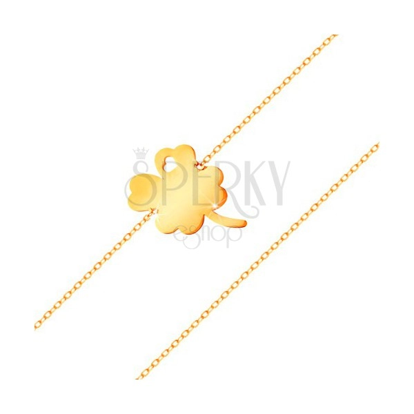 Brățară realizată din aur galben de 14K - trifoi cu patru foi cu decupaj în formă de inimă, lanț lucios