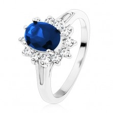 Inel cu brațe despicate, zirconiu oval albastru închis, margine transparentă