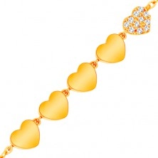 Brăţară strălucitoare din aur de 14K - linie din cinci inimi, lanț format din zale ovale
