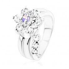  Inel cu crestături pe brațe, tulpină din zirconiu transparent, floare din zirconiu violet-transparentă