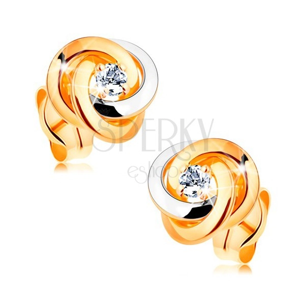 Cercei din aur de 14K - nod bicolor realizat din trei cercuri, zirconiu rotund, transparent, în centru