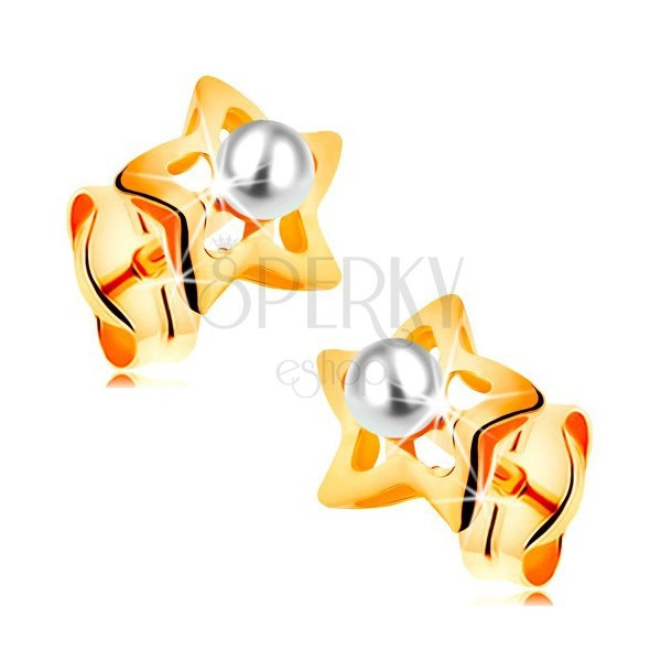 Cercei din aur de 14K - stele strălucitoare cu perle albe în mijloc
