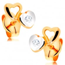 Cercei realizați din aur de 14K - inimă mică bicoloră, zirconiu transparent
