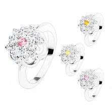 Inel strălucitor cu brațe lucioase, zirconii colorate șlefuite, contur de floare