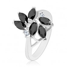 Inel decorat cu bobițe negre șlefuite, două zirconii rotunde transparente